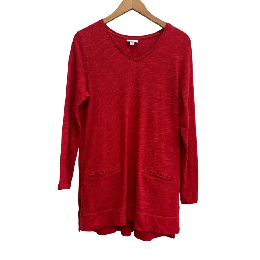 J. Jill Women M Red Cotton Tunic L/S Faux Pockets Casual Career Minimalist